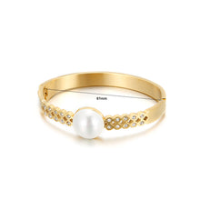 Load image into Gallery viewer, Fashion and Elegant Plated Gold Geometric Round Pearl 316L Stainless Steel Bangle with Cubic Zirconia