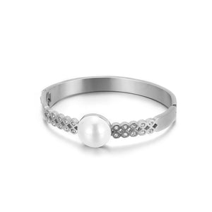 Fashion and Elegant Geometric Round Pearl 316L Stainless Steel Bangle with Cubic Zirconia