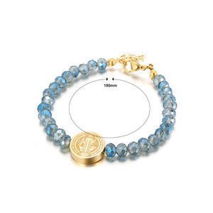 Fashion Classic Plated Gold Jesus 316L Stainless Steel Geometric Round Blue Beaded Bracelet