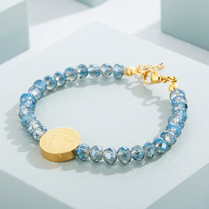 Fashion Classic Plated Gold Jesus 316L Stainless Steel Geometric Round Blue Beaded Bracelet