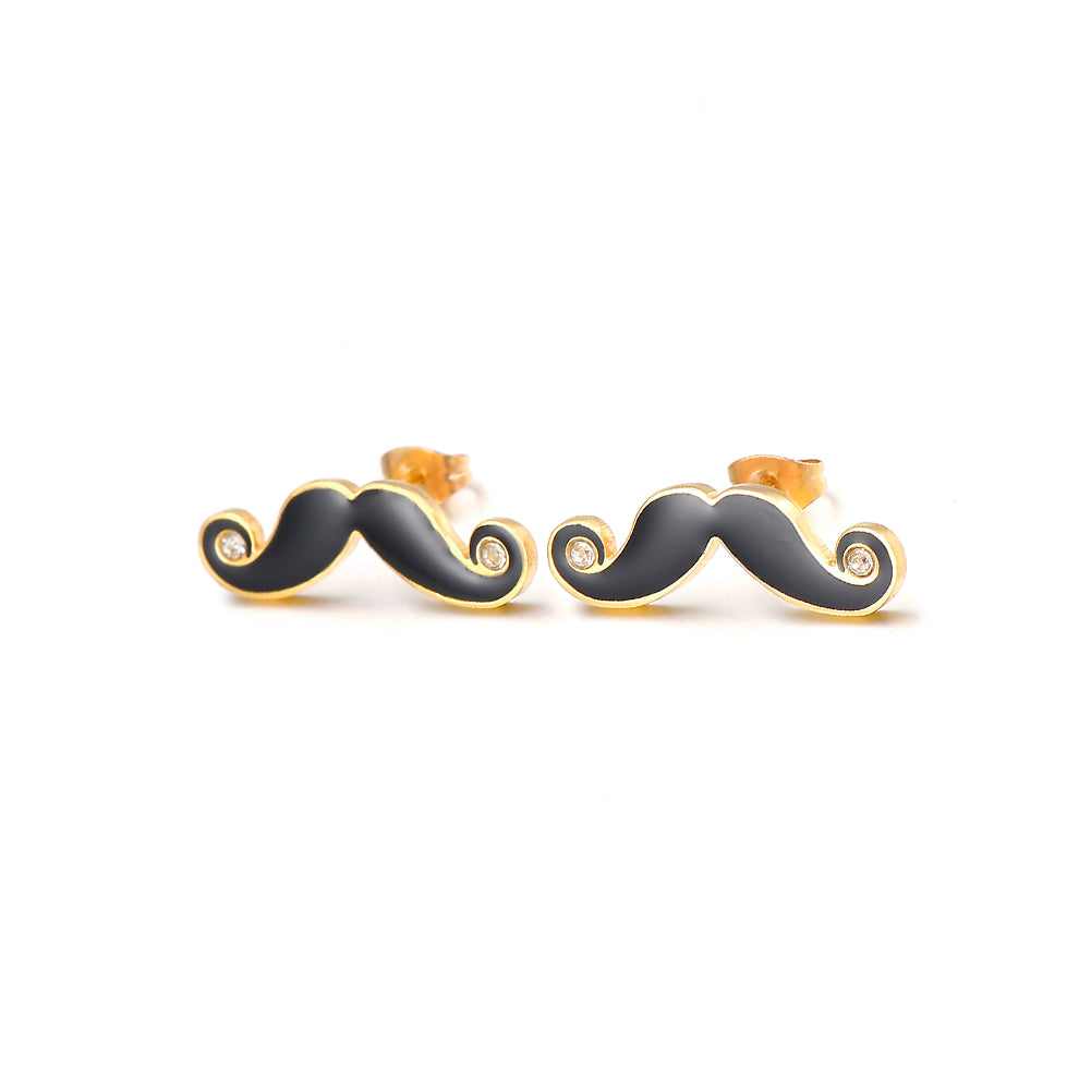 Simple and Creative Plated Gold Black Beard 316L Stainless Steel Stud Earrings with Cubic Zirconia