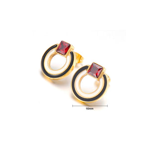 Simple and Fashion Plated Gold Hollow Geometric Round 316L Stainless Steel Stud Earrings with Red Cubic Zirconia