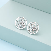 Load image into Gallery viewer, Simple and Elegant Hollow Pattern Geometric Round 316L Stainless Steel Stud Earrings with Cubic Zirconia