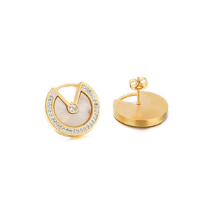 Simple and Fashion Plated Gold Geometric White Round 316L Stainless Steel Stud Earrings with Cubic Zirconia