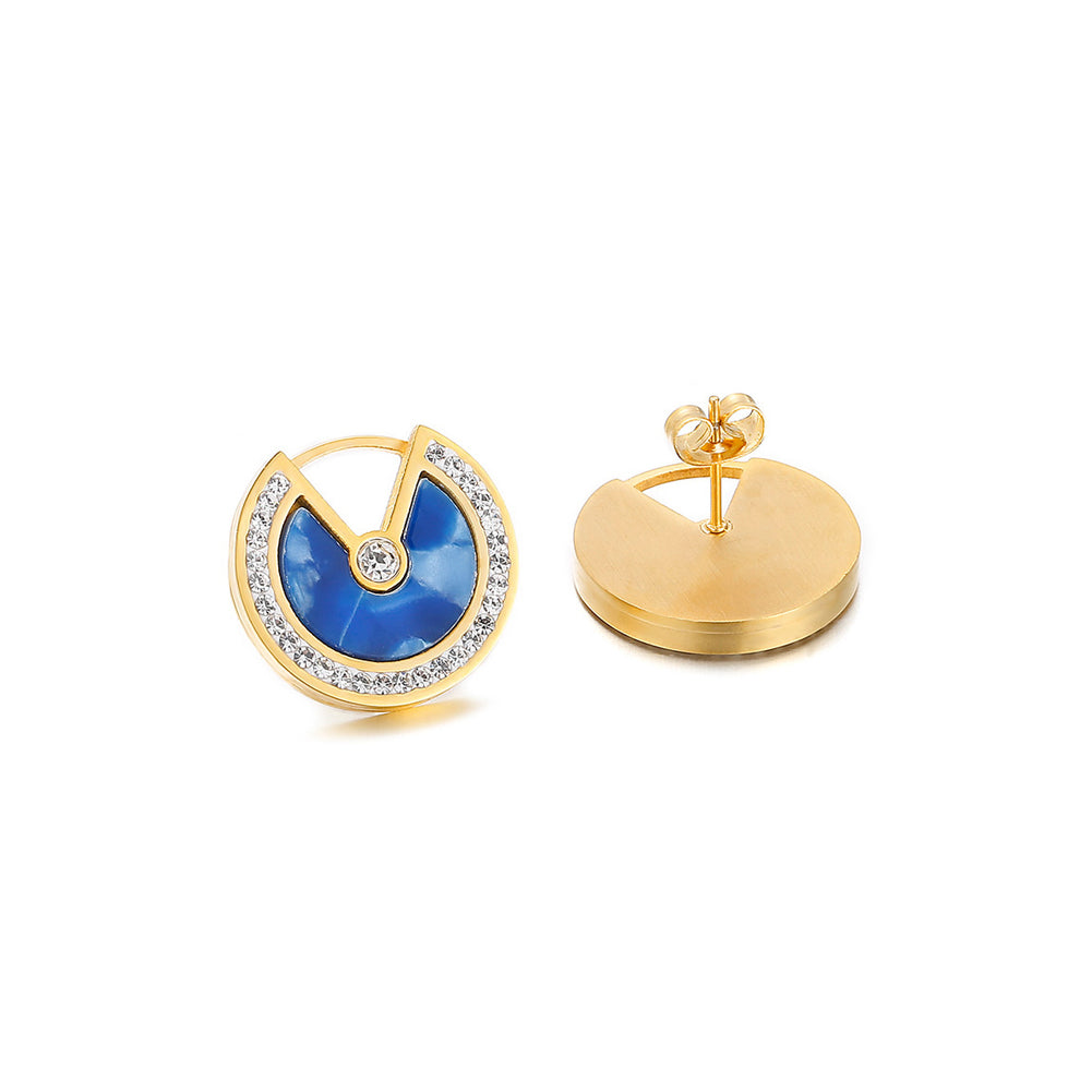 Simple and Fashion Plated Gold Geometric Blue Round 316L Stainless Steel Stud Earrings with Cubic Zirconia