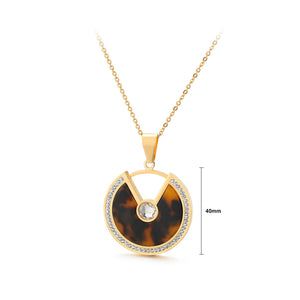 Simple and Fashion Plated Gold Geometric Brown Round 316L Stainless Steel Pendant with Cubic Zirconia and Necklace