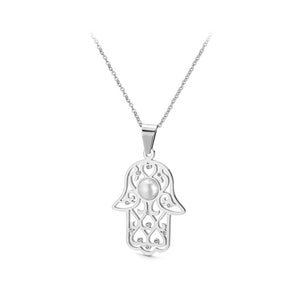Fashion Creative Hand Of Famathi Imitation Pearl 316L Stainless Steel Pendant with Cubic Zirconia and Necklace