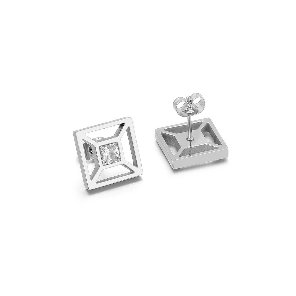 Simple and Fashion Hollow Geometric Square 316L Stainless Steel Stud Earrings with Cubic Zirconia