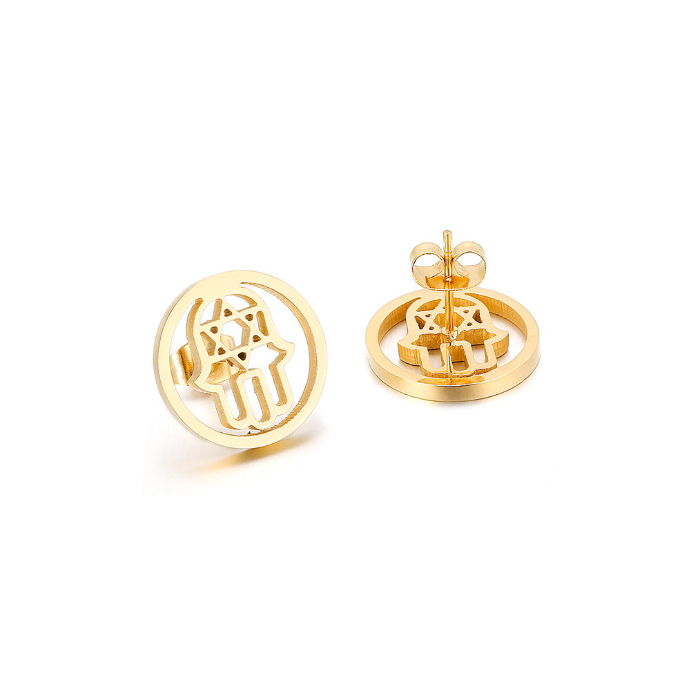 Fashion Simple Plated Gold Hand Of Famathi Geometric Round 316L Stainless Steel Stud Earrings