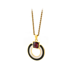 Fashion Simple Plated Gold Hollow Geometric Round 316L Stainless Steel Pendant with Red Cubic Zirconia and Necklace