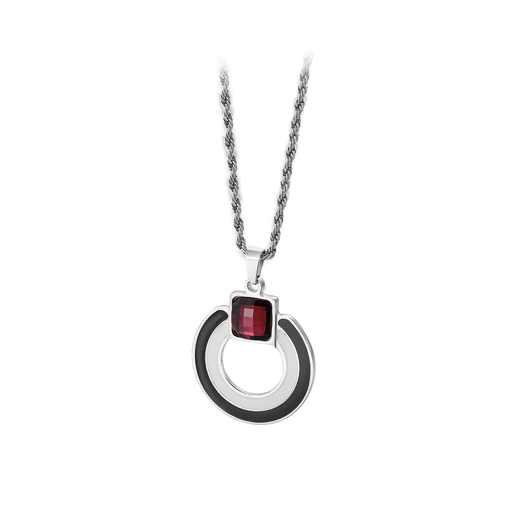 Fashion Simple Hollow Geometric Round 316L Stainless Steel Pendant with Red Cubic Zirconia and Necklace