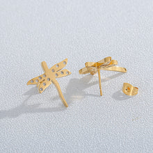 Load image into Gallery viewer, Simple Temperament Plated Gold Dragonfly 316L Stainless Steel Stud Earrings with Cubic Zirconia