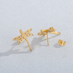 Simple Temperament Plated Gold Dragonfly 316L Stainless Steel Stud Earrings with Cubic Zirconia