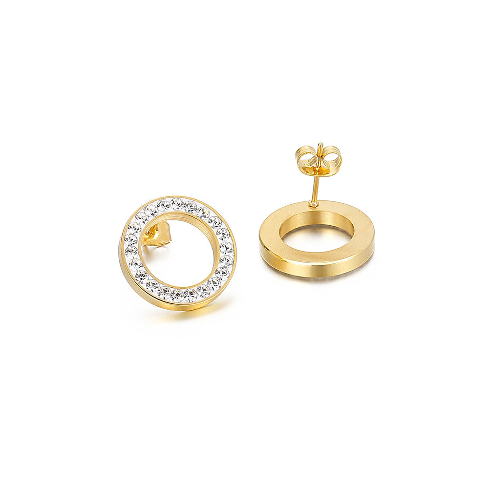 Simple and Bright Plated Gold Hollow Geometric Round 316L Stainless Steel Stud Earrings with Cubic Zirconia