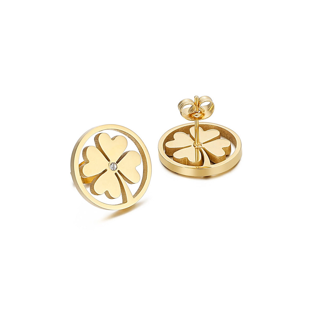 Simple and Fashion Plated Gold Four-leafed Clover Geometric Round 316L Stainless Steel Stud Earrings with Cubic Zirconia