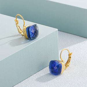 Fashion Temperament Plated Gold Geometric Square Blue Cubic Zirconia 316L Stainless Steel Earrings