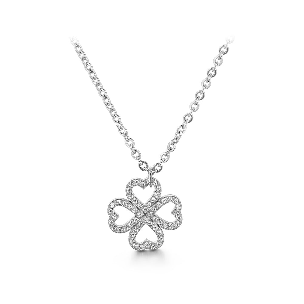 Fashion and Simple Hollow Four-leafed Clover 316L Stainless Steel Pendant with Cubic Zirconia and Necklace