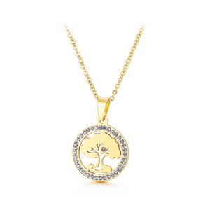 Fashion Simple Plated Gold Tree Geometric Round 316L Stainless Steel Pendant with Cubic Zirconia and Necklace