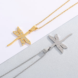 Fashion Simple Dragonfly 316L Stainless Steel Pendant with Cubic Zirconia and Necklace