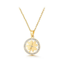 Load image into Gallery viewer, Fashion Temperament Plated Gold Four-leafed Clover Geometric Round 316L Stainless Steel Pendant with Cubic Zirconia and Necklace