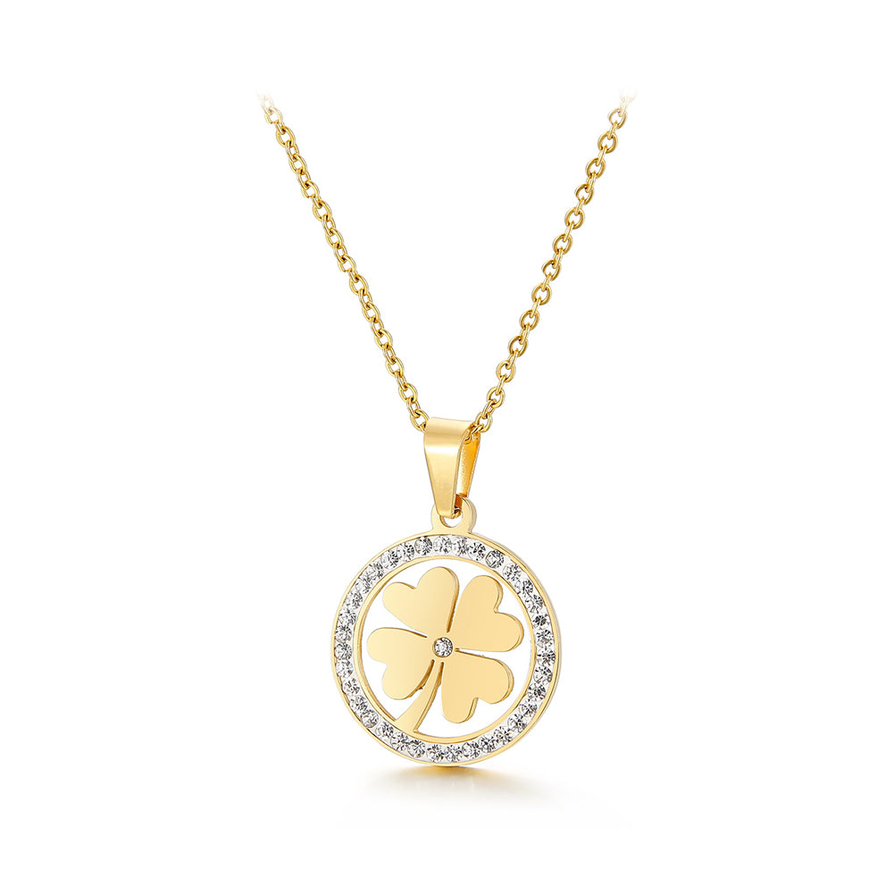 Fashion Temperament Plated Gold Four-leafed Clover Geometric Round 316L Stainless Steel Pendant with Cubic Zirconia and Necklace