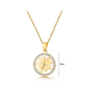 Fashion Temperament Plated Gold Four-leafed Clover Geometric Round 316L Stainless Steel Pendant with Cubic Zirconia and Necklace