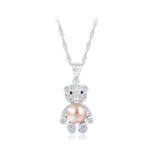 Load image into Gallery viewer, 925 Sterling Silver Fashion Cute Bear Purple Freshwater Pearl Pendant with Cubic Zirconia and Necklace