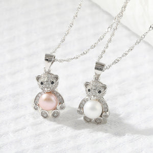 925 Sterling Silver Fashion Cute Bear Purple Freshwater Pearl Pendant with Cubic Zirconia and Necklace