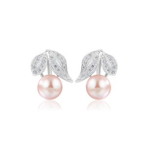 925 Sterling Silver Fashion and Elegant Leaf Purple Freshwater Pearl Stud Earrings with Cubic Zirconia