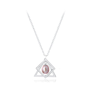 925 Sterling Silver Simple Fashion Geometric Triangle Purple Freshwater Pearl Pendant with Necklace