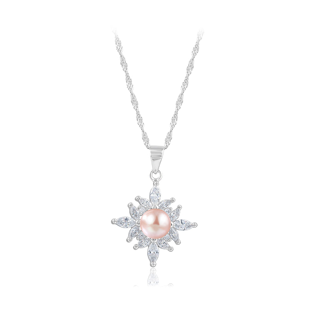 925 Sterling Silver Fashion and Elegant Flower Purple Freshwater Pearl Pendant with Cubic Zirconia and Necklace