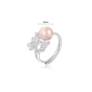 925 Sterling Silver Fashion Elegant Flower Purple Freshwater Pearl Adjustable Ring with Cubic Zirconia