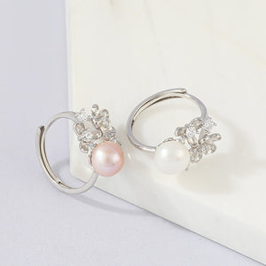 925 Sterling Silver Fashion Elegant Flower Purple Freshwater Pearl Adjustable Ring with Cubic Zirconia