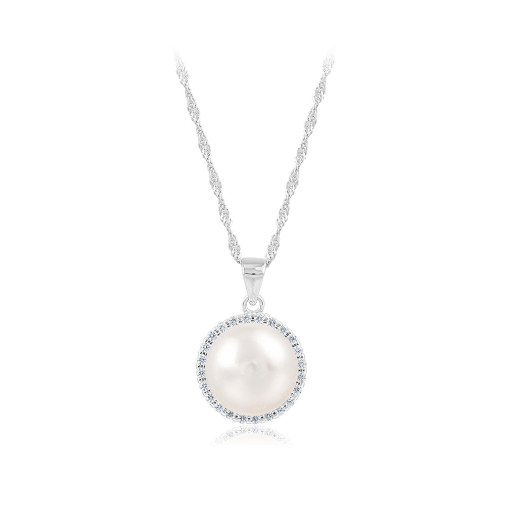 925 Sterling Silver Fashion Simple and Elegant Geometric Round White Freshwater Pearl Pendant with Cubic Zirconia and Necklace