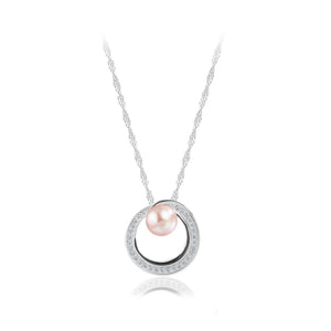 925 Sterling Silver Fashion Temperament Geometric Round Purple Freshwater Pearl Pendant with Cubic Zirconia and Necklace