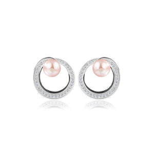 925 Sterling Silver Fashion Temperament Geometric Round Purple Freshwater Pearl Stud Earrings with Cubic Zirconia