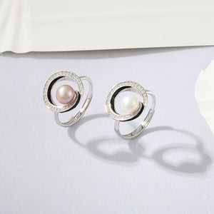 925 Sterling Silver Fashion Temperament Geometric Round Purple Freshwater Pearl Adjustable Ring with Cubic Zirconia