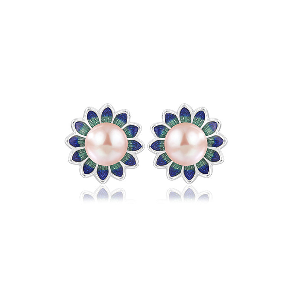 925 Sterling Silver Fashion Elegant Flower Purple Freshwater Pearl Stud Earrings