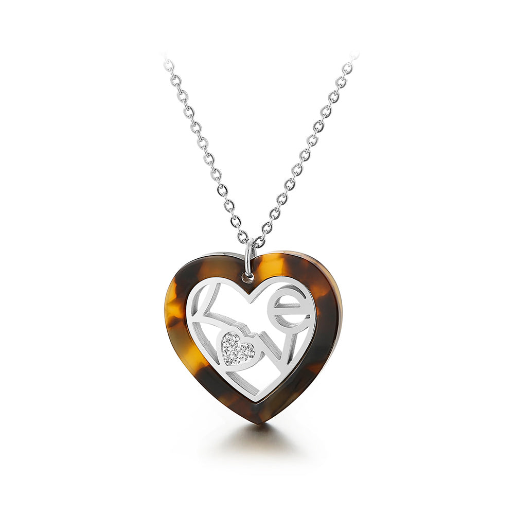 Fashion and Romantic Love Brown Resin Heart-shaped 316L Stainless Steel Pendant with Cubic Zirconia and Necklace