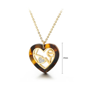 Fashion and Romantic Plated Gold Love Brown Resin Heart-shaped 316L Stainless Steel Pendant with Cubic Zirconia and Necklace