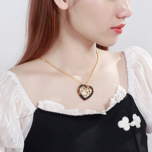 Fashion and Romantic Plated Gold Love Brown Resin Heart-shaped 316L Stainless Steel Pendant with Cubic Zirconia and Necklace