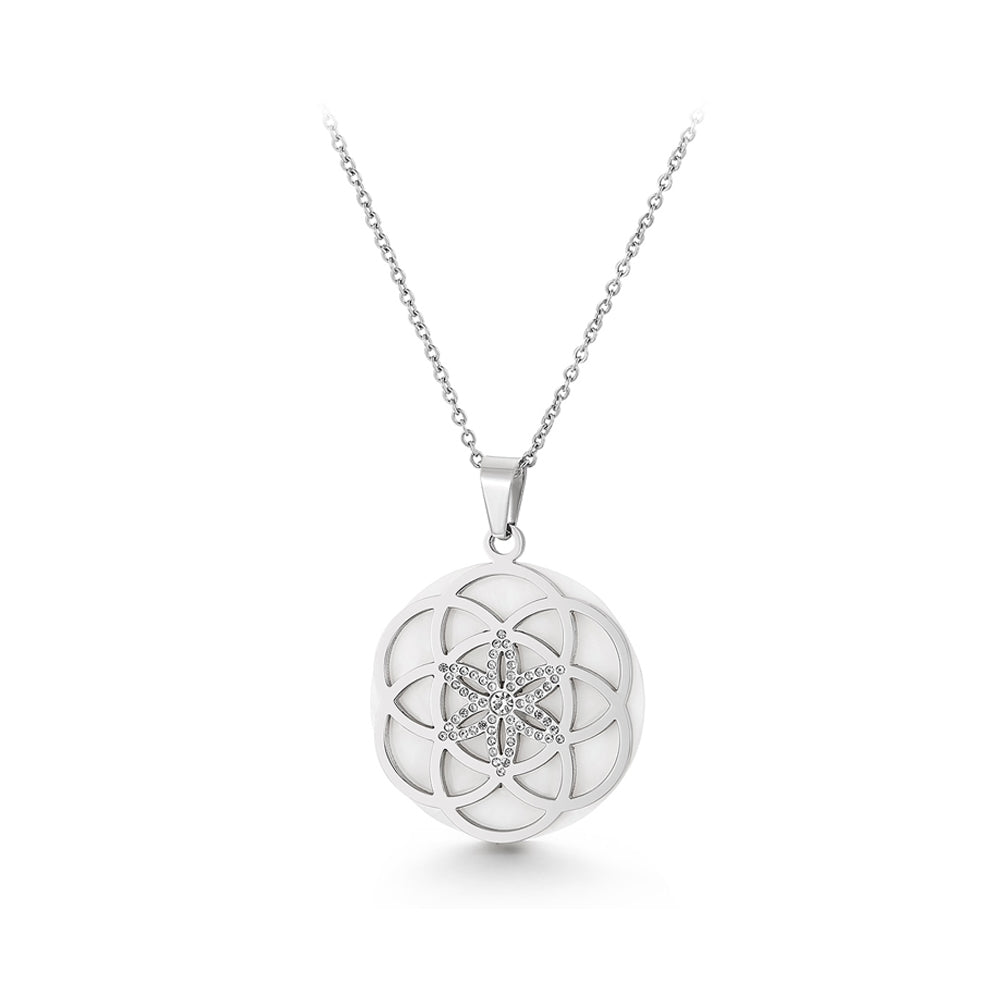 Fashion and Elegant Flower Geometric Round 316L Stainless Steel Pendant with Cubic Zirconia and Necklace