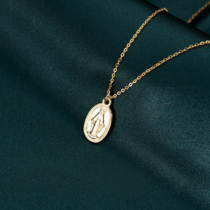 925 Sterling Silver Plated Gold Fashion Vintage Virgin Mary Geometric Oval Pendant with Necklace