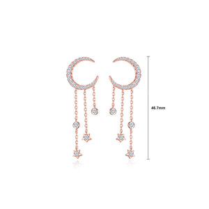 925 Sterling Silver Plated Rose Gold Fashion Simple Moon Star Tassel Earrings with Cubic Zirconia
