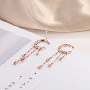 925 Sterling Silver Plated Rose Gold Fashion Simple Moon Star Tassel Earrings with Cubic Zirconia
