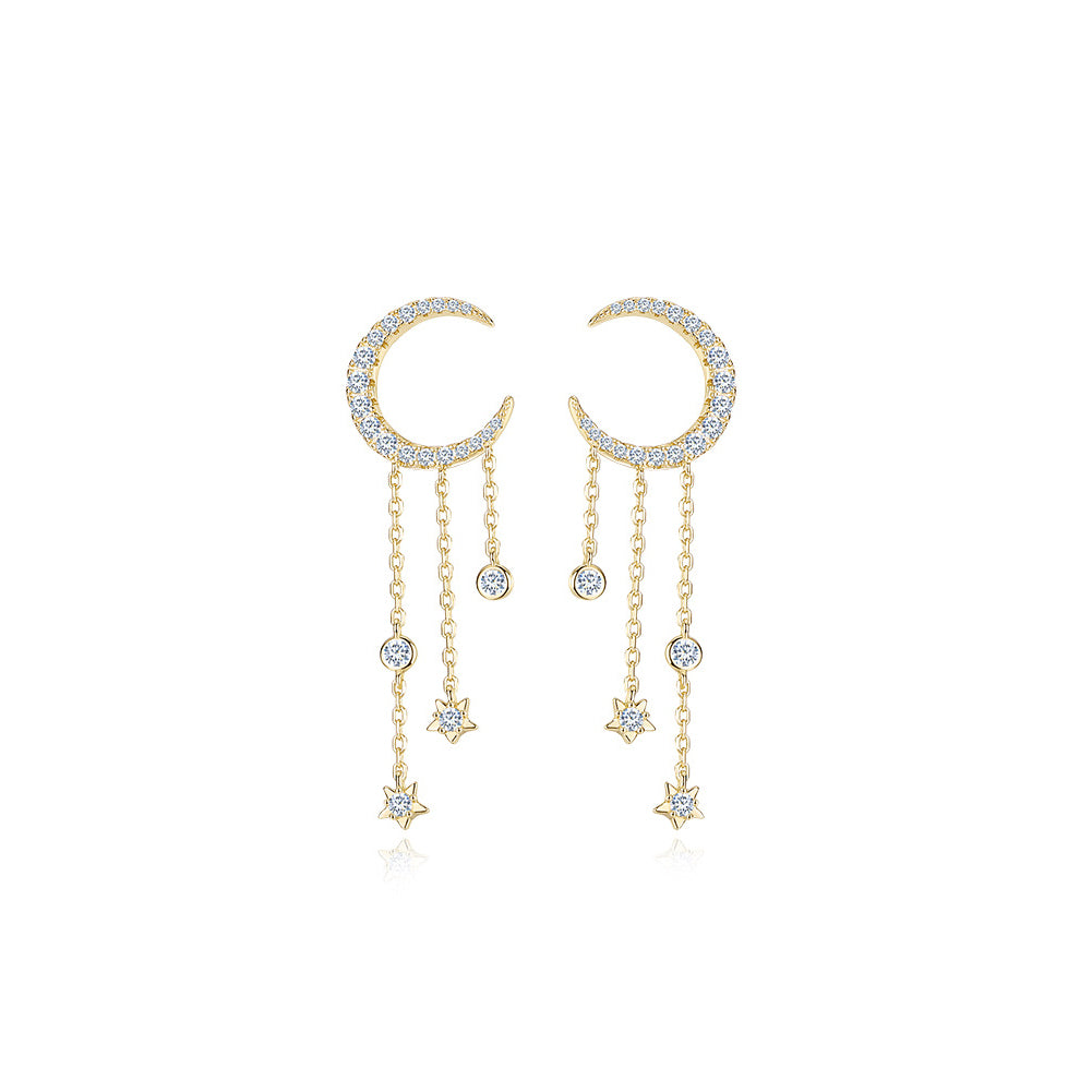 925 Sterling Silver Plated Gold Fashion Simple Moon Star Tassel Earrings with Cubic Zirconia