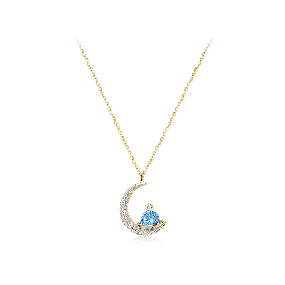 925 Sterling Silver Plated Gold Fashion Simple Moon Planet Pendant with Cubic Zirconia and Necklace