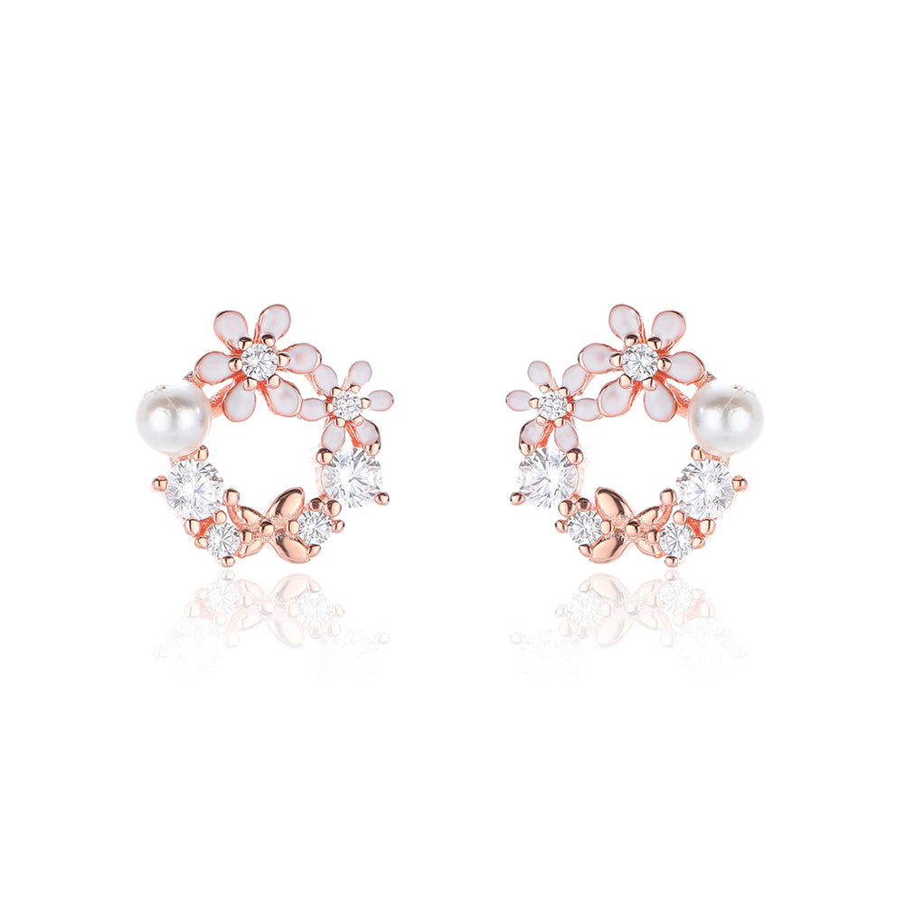 925 Sterling Silver Plated Rose Gold Fashion and Elegant Dainty Butterfly Imitation Pearl Stud Earrings with Cubic Zirconia