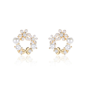925 Sterling Silver Plated Gold Fashion and Elegant Dainty Butterfly Imitation Pearl Stud Earrings with Cubic Zirconia