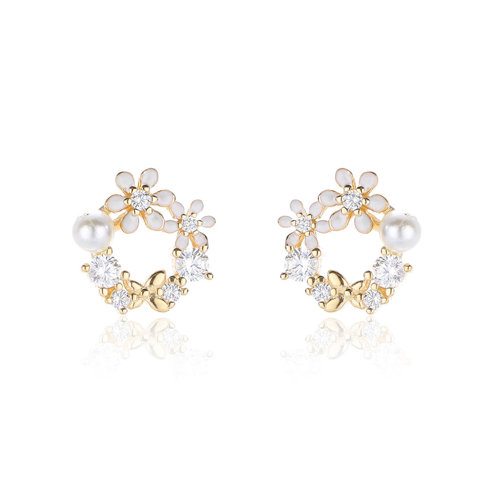 925 Sterling Silver Plated Gold Fashion and Elegant Dainty Butterfly Imitation Pearl Stud Earrings with Cubic Zirconia